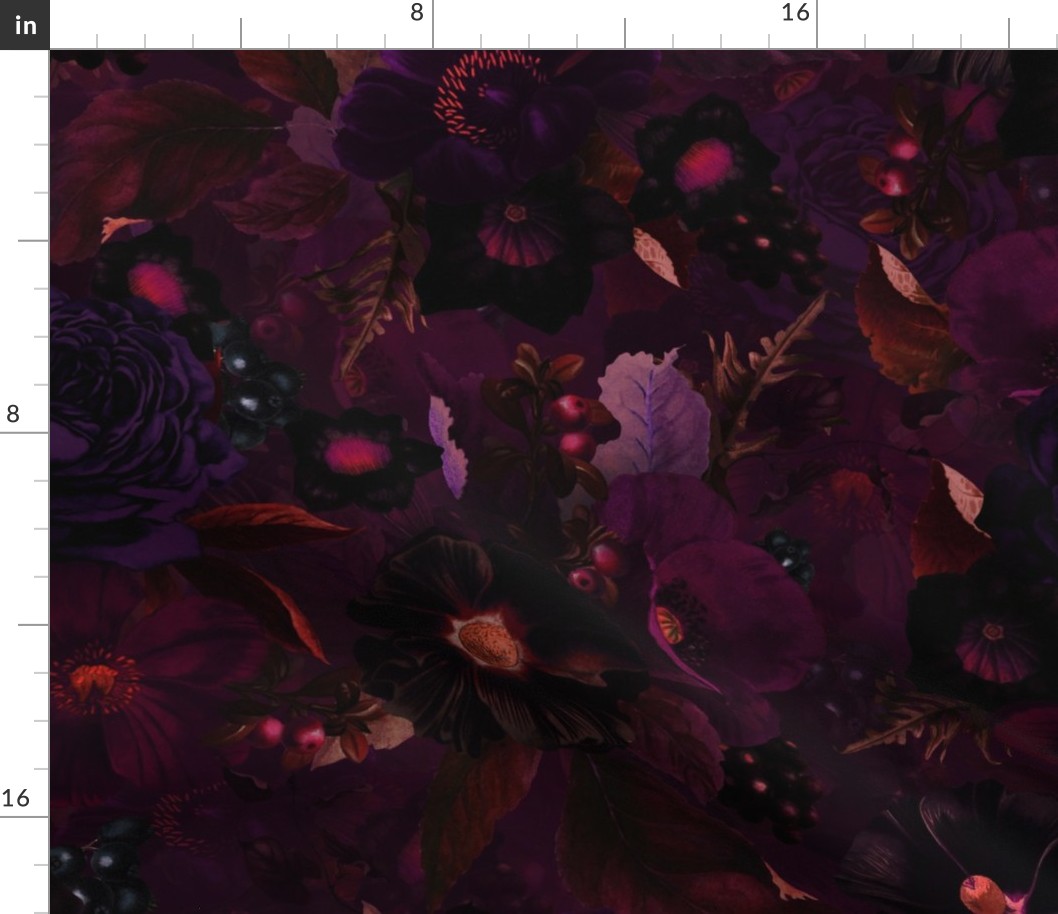 21" Vintage Night Romanticism: Maximalism Purple Bold Moody Florals - Antiqued burgundy Roses and Nostalgic Gothic  Mystic Night 16/1-  Antique Botany Wallpaper and Victorian Goth Mystic inspired