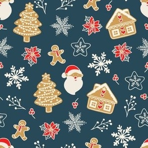 classic christmas - snowflakes,  gingerbread cookies, santas and poinsettias