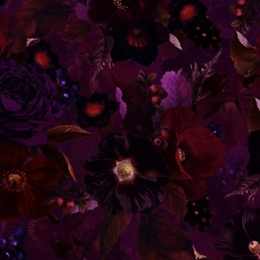 21" Vintage Night Romanticism: Maximalism Purple Bold Moody Florals - Antiqued burgundy Roses and Nostalgic Gothic  Mystic Night 16/2-  Antique Botany Wallpaper and Victorian Goth Mystic inspired