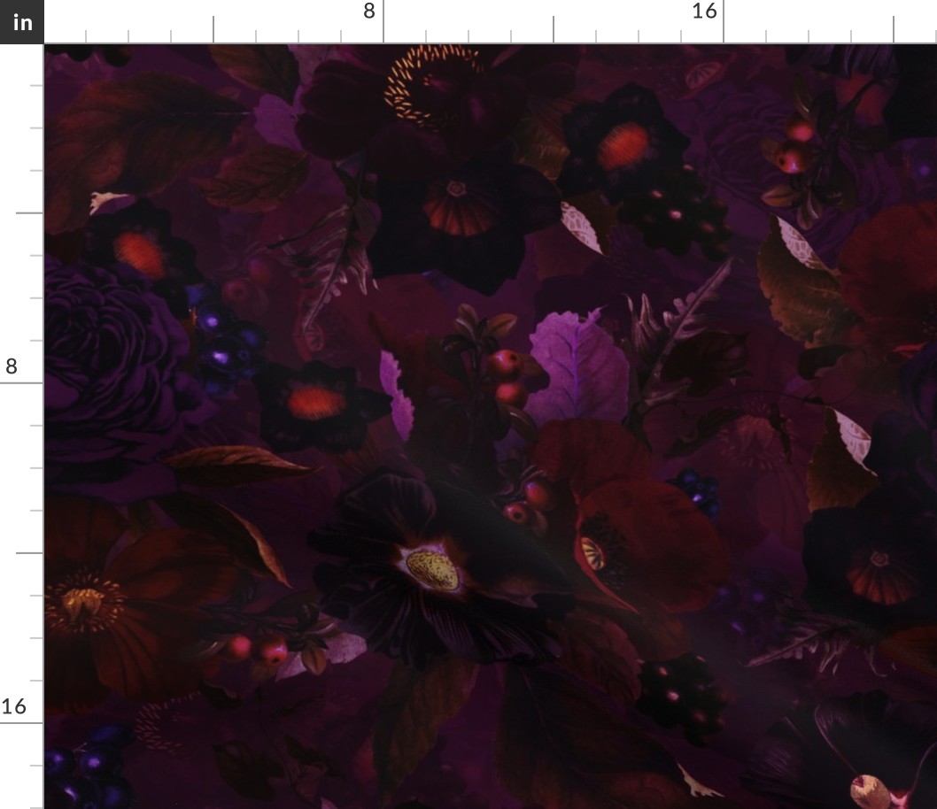 21" Vintage Night Romanticism: Maximalism Purple Bold Moody Florals - Antiqued burgundy Roses and Nostalgic Gothic  Mystic Night 16/2-  Antique Botany Wallpaper and Victorian Goth Mystic inspired