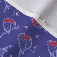 Victorian style robins on a cold and frosty morning in midnight blue, lilac, white and red “Festive Robins”