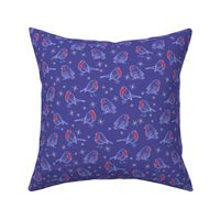 Victorian style robins on a cold and frosty morning in midnight blue, lilac, white and red “Festive Robins”