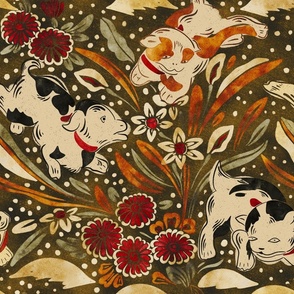 Dogs among flowers - Japanese art