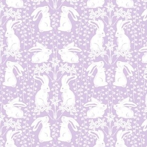 Spring bunnies with lilies in white and lavender. Small scale