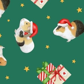 Christmas Guinea Pig non-directional with presents and stars on emerald - medium-large scale