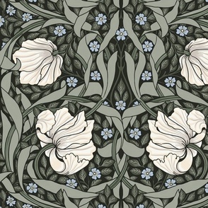 Pimpernel - LARGE 21"  - historic reconstructed damask wallpaper by William Morris -   reets green cream and light blue antiqued restored reconstruction  art nouveau art deco - dark