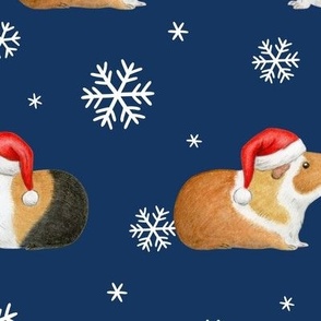 Christmas Guinea Pig Rows with Snowflakes on night sky navy - large scale