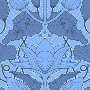 art nouveau lotus flower leaves wallpaper blue
