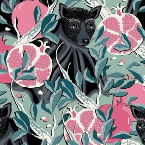 Bat with pink pomegranates in leaves on a turquoise background, large scale 