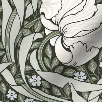 Pimpernel - LARGE 21"  - historic reconstructed damask wallpaper by William Morris -   reets green cream and light blue antiqued restored reconstruction  art nouveau art deco