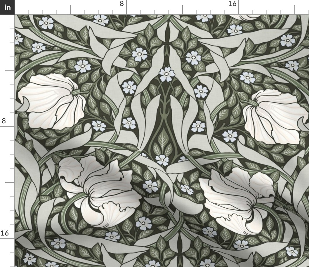 Pimpernel - LARGE 21"  - historic reconstructed damask wallpaper by William Morris -   reets green cream and light blue antiqued restored reconstruction  art nouveau art deco