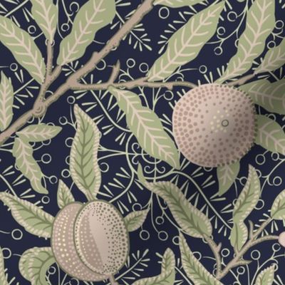 Fruit / Pomegranate - LARGE 21" historic antiqued damask by William Morris - Dark Blue And Sage Green Adaption