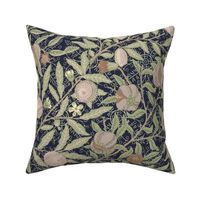 Fruit / Pomegranate - LARGE 21" historic antiqued damask by William Morris - Dark Blue And Sage Green Adaption