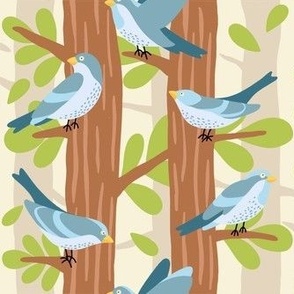 Blue birds in tree tops on cream (Large)