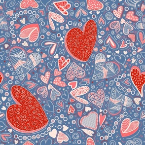 Hearts of whimsy denim blue. Valentine’s Day. Groovy, 70s, Doodles Valentines 18”