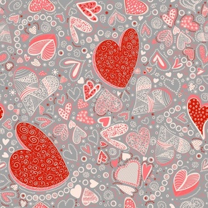 Hearts of whimsy grey, Doodles, Valentines Day, Groovy, Intricate 18"