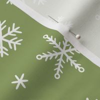 White Snowflakes scattered on olive - medium-large scale