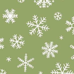 White Snowflakes scattered on olive - medium-large scale