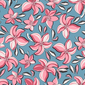 Delicate bloom, Pink flowers on a blue background