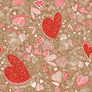 Hearts Of Whimsy on caffe latte, brown. Boho, Doodles, pink, red, Valentines day, Bold 18”