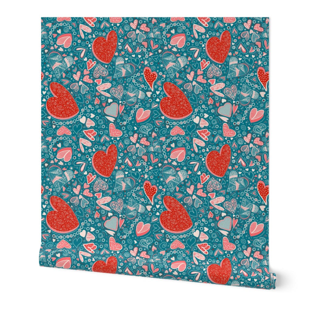 Hearts of whimsy on teal. Holiday challenge, Valentine’s Day. 18”