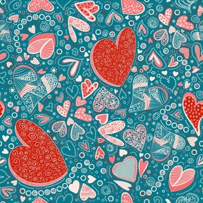 Hearts of whimsy on teal. Holiday challenge, Valentine’s Day. 18”