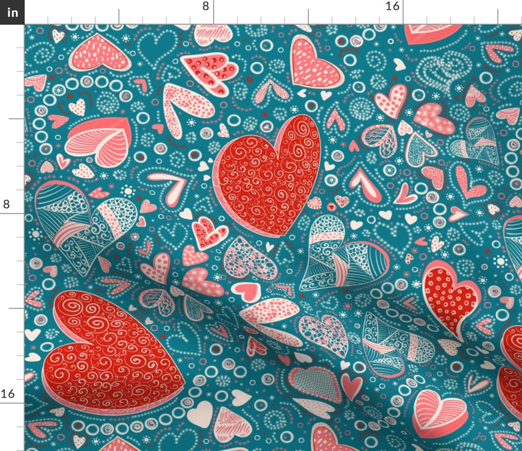 Hearts of whimsy on teal. Holiday challenge, Valentine’s Day. 18”