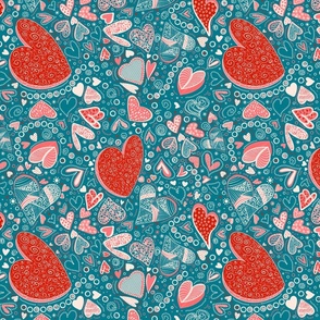 Hearts of whimsy on  teal.  Valentines, Boho, Kids, Fun and playful. 12" 