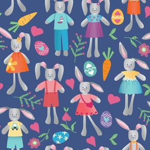 Easter Bunny Dolls with Valentines Hearts and Easter Eggs on Blue Large Scale