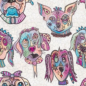 Whimiscal Surrealist, funny patterned dog faces facing forward with crackle textured background in off white 12” repeat