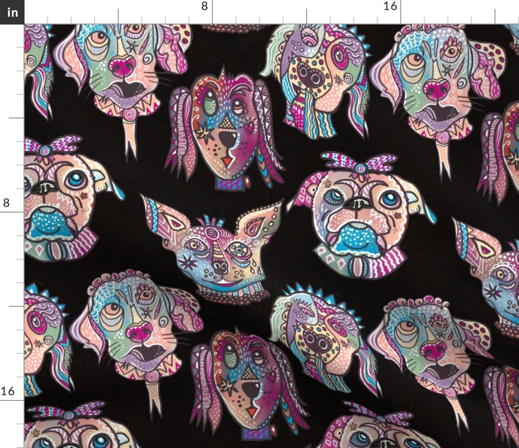 Whimiscal Surrealist, funny patterned dog faces facing forward with crackle textured background in black 12” repeat