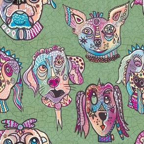 Whimiscal Surrealist, funny patterned dog faces facing forward with crackle textured background in sage green 12” repeat
