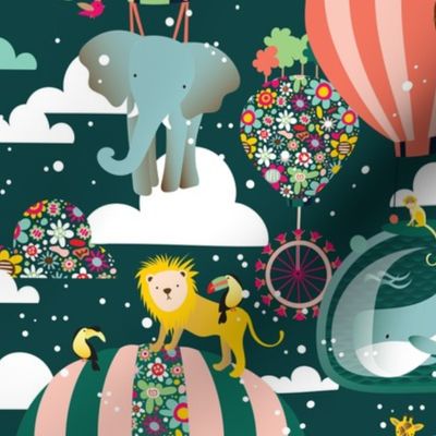 Flying Zoo Hot Air Balloon Childrens Wallpaper on Dark Teal 14x12
