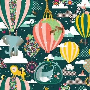 Flying Zoo Hot Air Balloon Childrens Wallpaper on Dark Teal 14x12