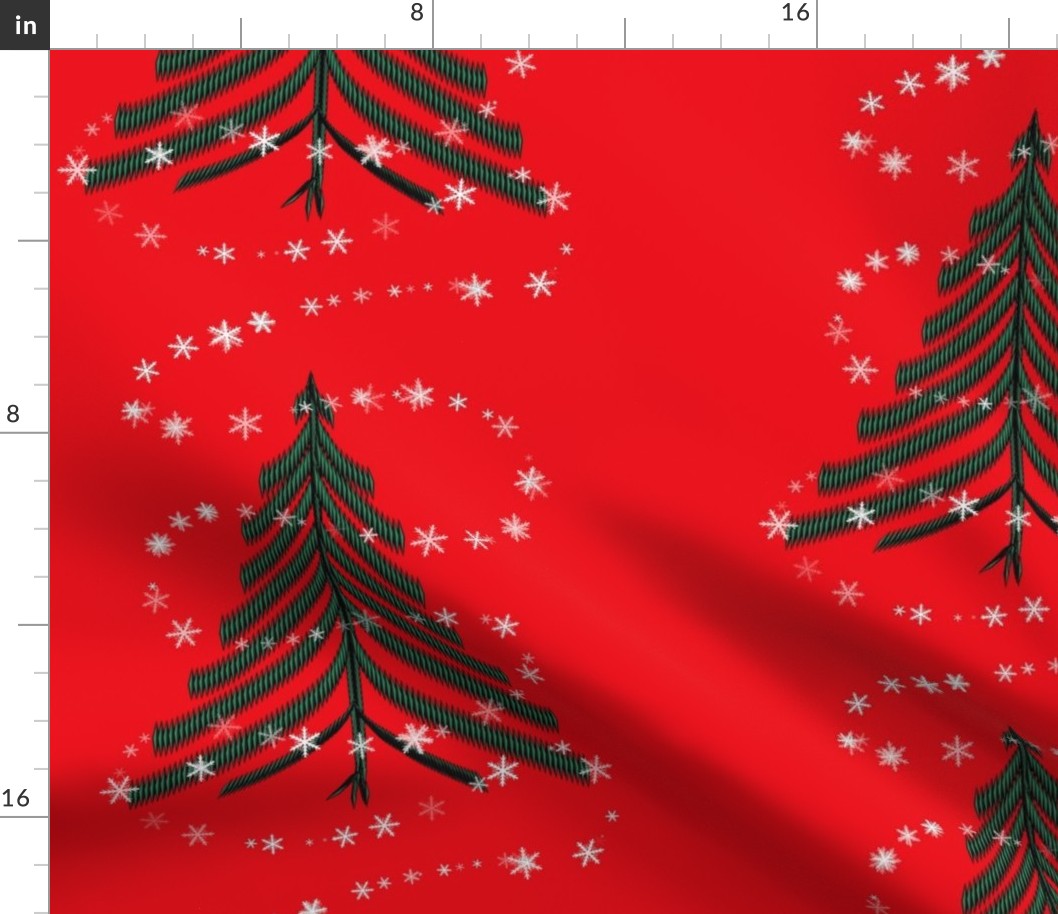 Mock-Block print tree on red background with snow loop