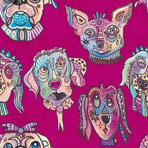 Whimiscal Surrealist, funny patterned dog faces facing forward with crackle textured background in bright cerise pink 12” repeat