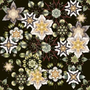 Floral Kaleidoscope | Intricate Pattern | Green Yellow Purple Pale Purple Red | Muted Colors | Olive Green Background