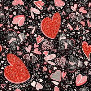 Hearts Of Whimsy on black. Boho, Doodles, pink, red, Valentines day, Bold 18”