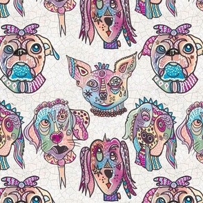 Whimiscal Surrealist, funny patterned dog faces facing forward with crackle textured background in off white 6” repeat
