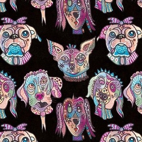 Whimiscal Surrealist, funny patterned dog faces facing forward with crackle textured background in black 6” repeat