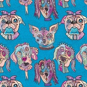 Whimiscal Surrealist, funny patterned dog faces facing forward with crackle textured background in turquoise blue 6” repeat