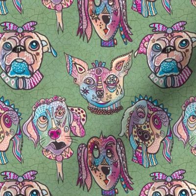 Whimiscal Surrealist, funny patterned dog faces facing forward with crackle textured background in sage green 6” repeat