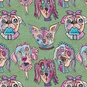 Whimiscal Surrealist, funny patterned dog faces facing forward with crackle textured background in sage green 6” repeat