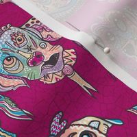 Whimiscal Surrealist, funny patterned dog faces facing forward with crackle textured background in bright cerise pink 6” repeat