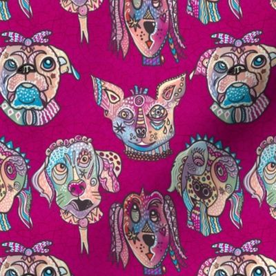 Whimiscal Surrealist, funny patterned dog faces facing forward with crackle textured background in bright cerise pink 6” repeat