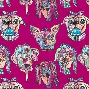 Whimiscal Surrealist, funny patterned dog faces facing forward with crackle textured background in bright cerise pink 6” repeat