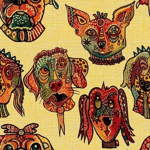 Whimiscal Surrealist, funny patterned dog faces facing forward with burlap texture on yellow  12” repeat