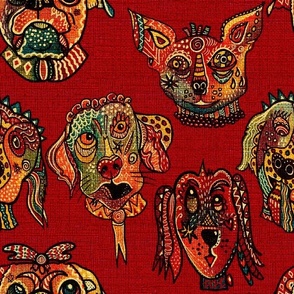 Whimiscal Surrealist, funny patterned dog faces facing forward with burlap texture on rich red  12” repeat