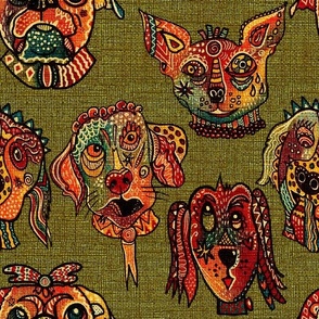 Whimiscal Surrealist, funny patterned dog faces facing forward with burlap texture on deep khaki green 12” repeat
