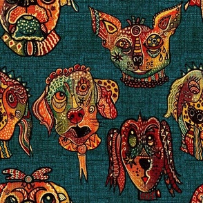 Whimiscal Surrealist, funny patterned dog faces facing forward with burlap texture on deep dark teal  12” repeat
